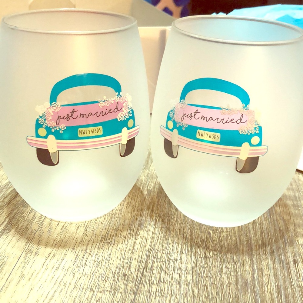 "Just Married" frosted stemless wine glasses
